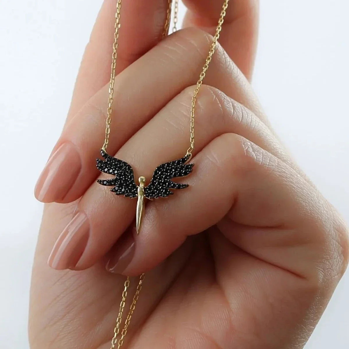 SKYDDSÄNGEL & SVART ZIRCONIA KRAGE | 925 SILVER