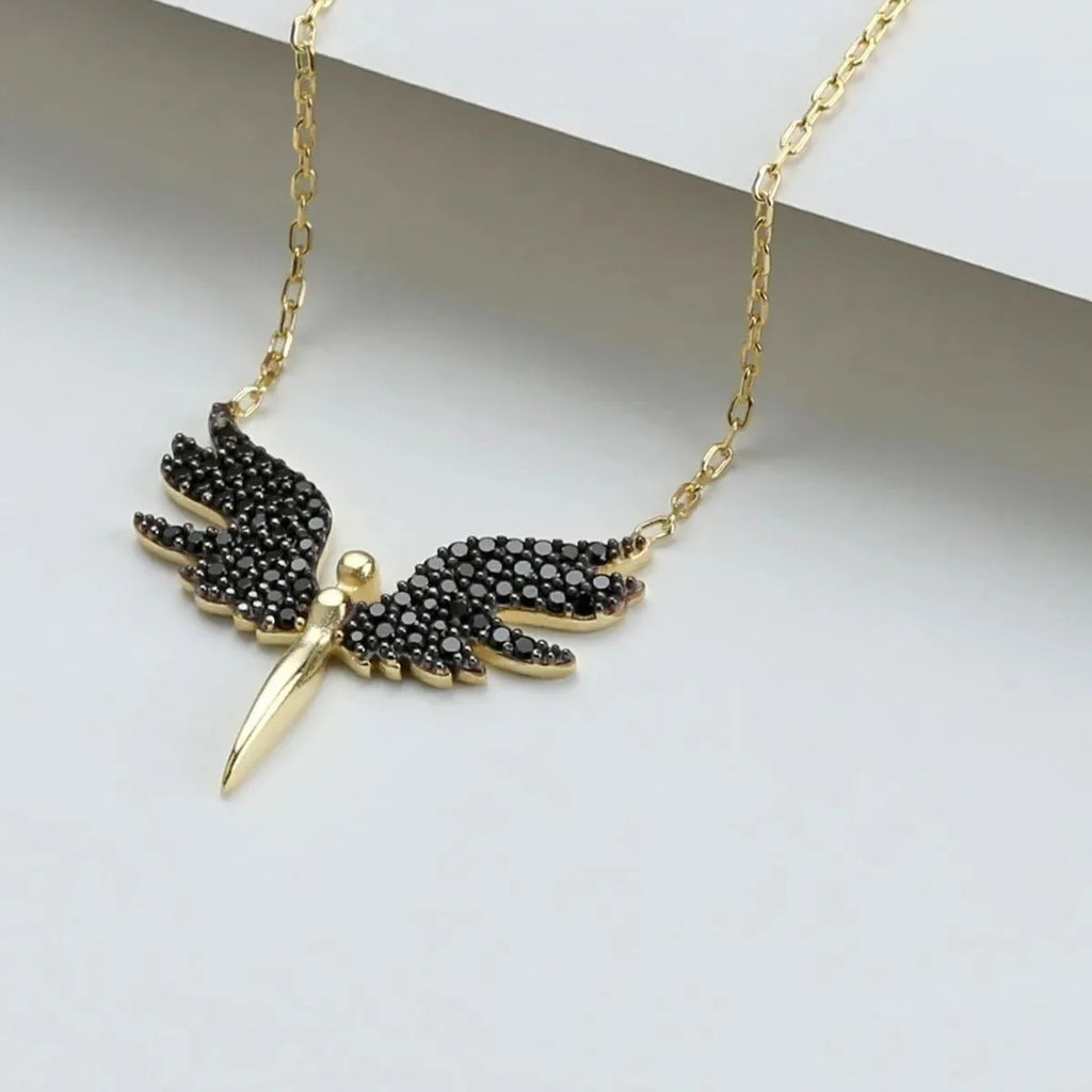 SKYDDSÄNGEL & SVART ZIRCONIA KRAGE | 925 SILVER