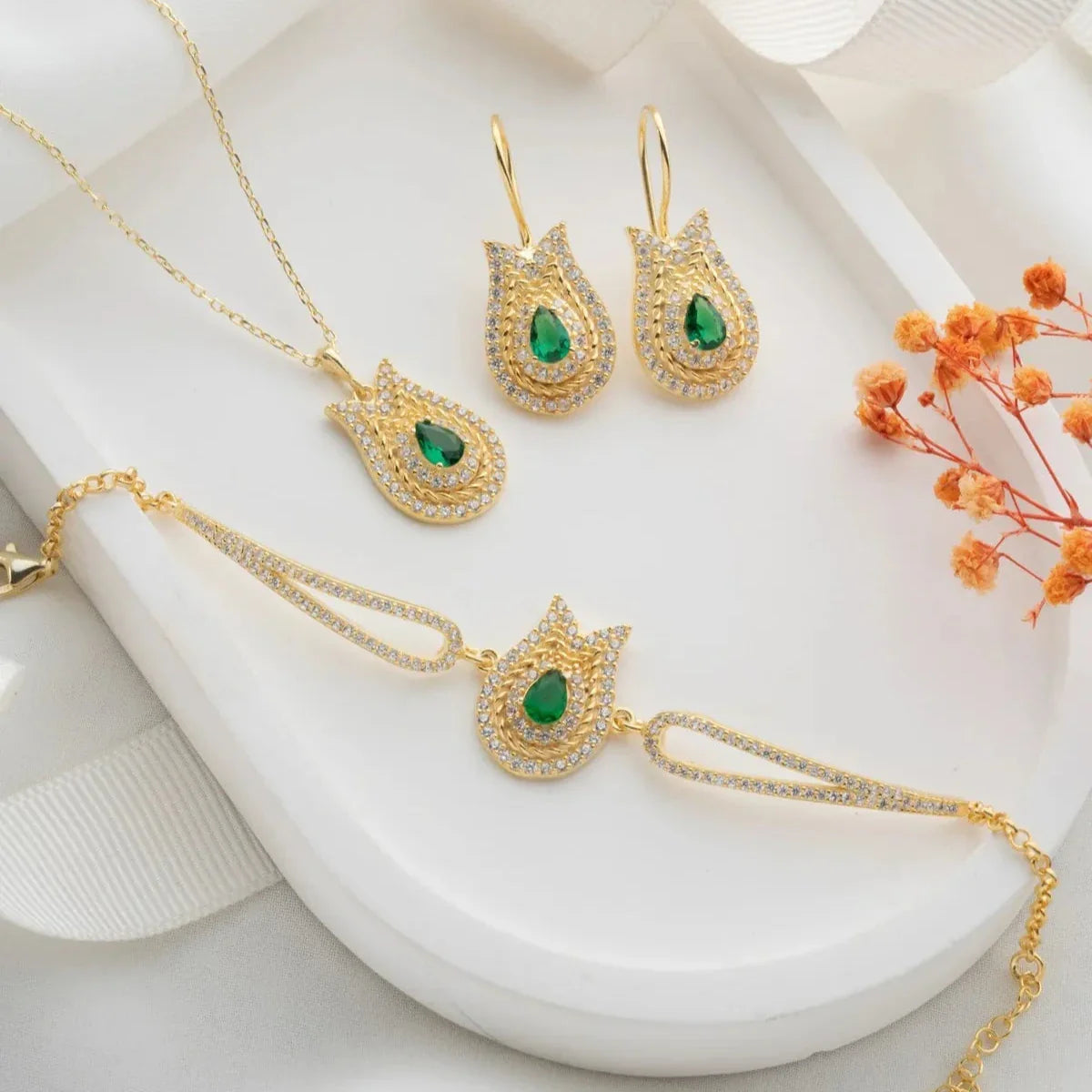 SMERALD GRÖNA TULPANER | SMYCKESET | 925 SILVER