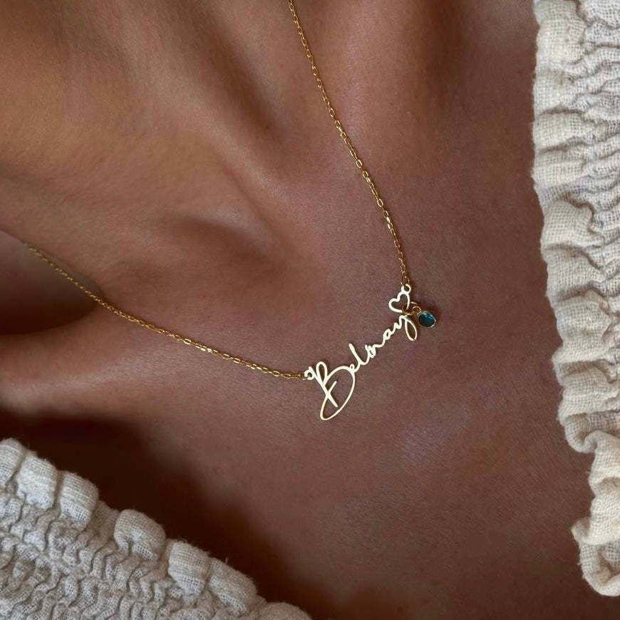 NAMN KRAGE MED HJÄRTA OCH FÖDELSESTEN| 925 SILVER