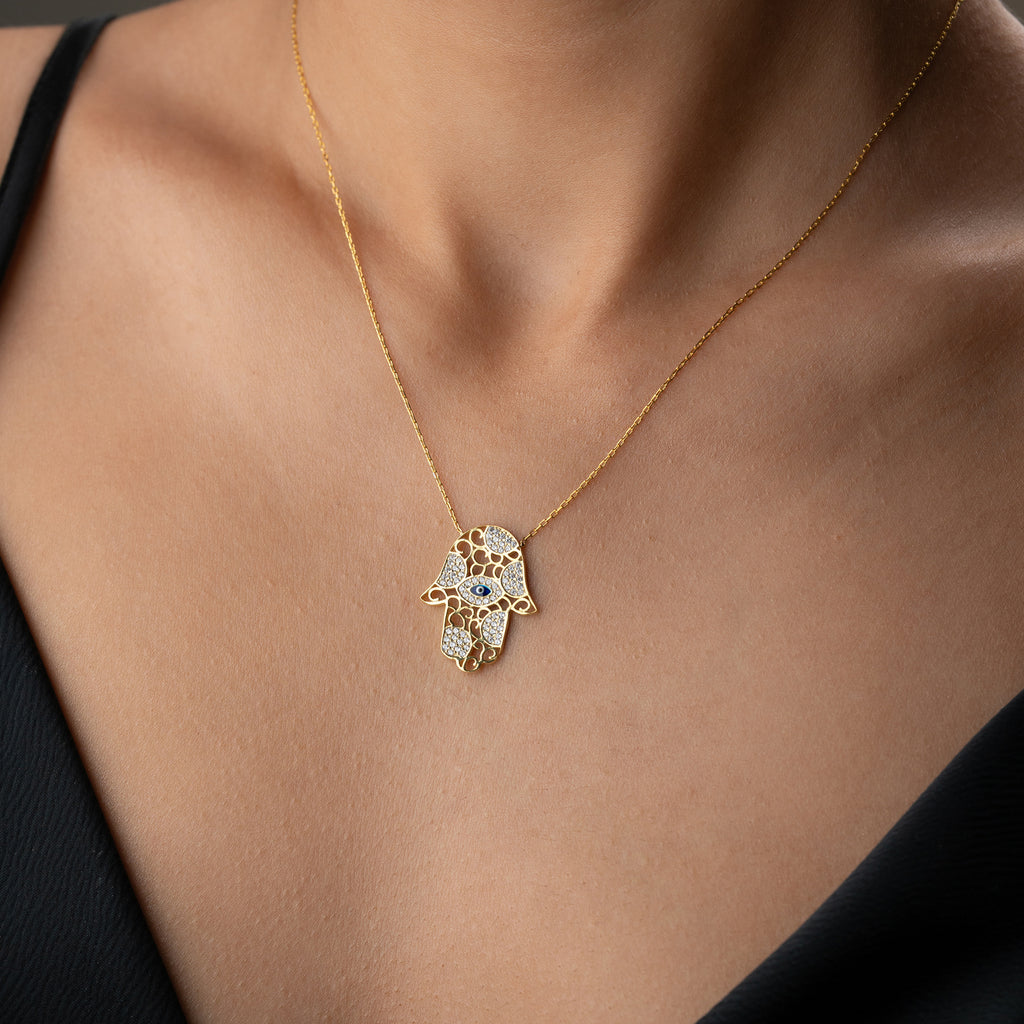 FATIMA'S HAND MED NAZAR & ZIRKONIA HALSBAND | 925 SILVER 