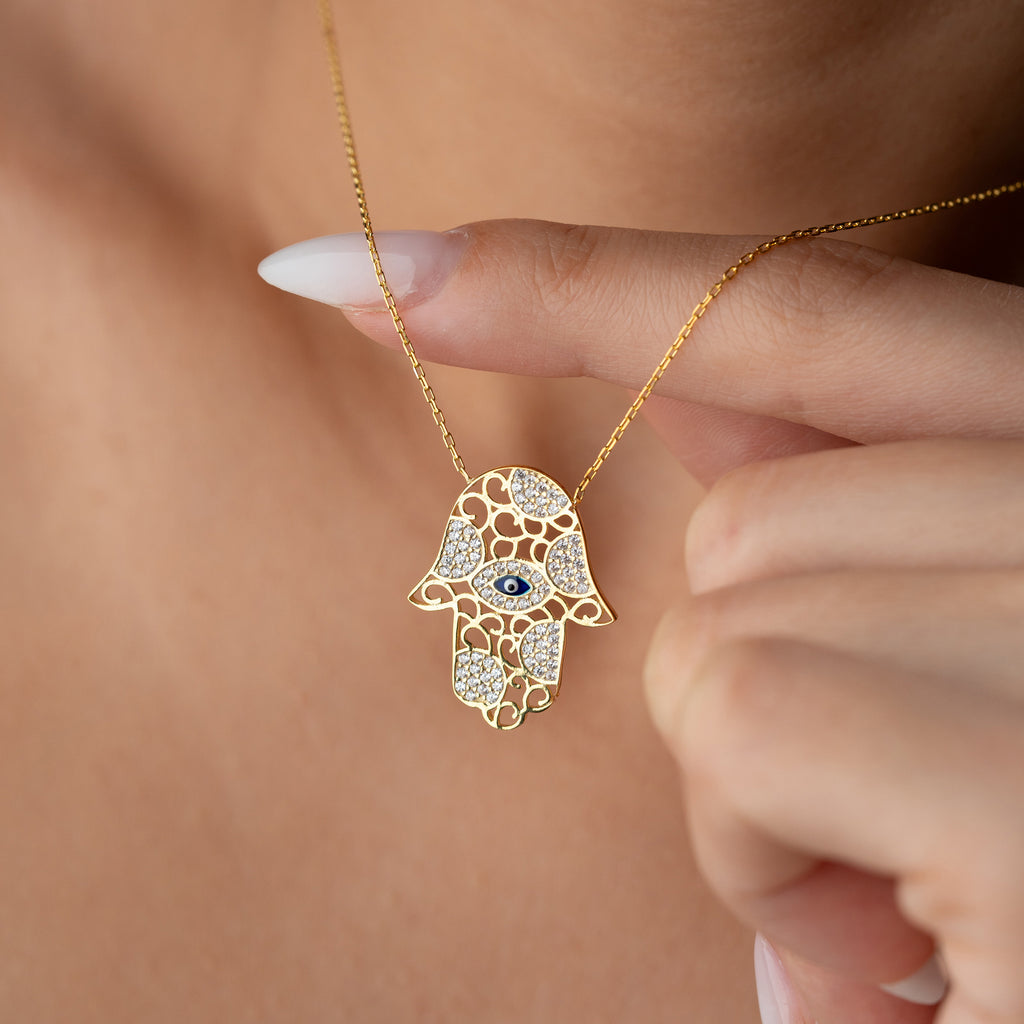 FATIMA'S HAND MED NAZAR & ZIRKONIA HALSBAND | 925 SILVER 