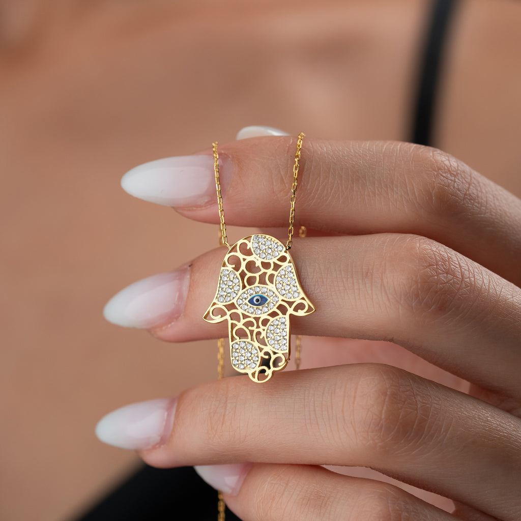 FATIMA'S HAND MED NAZAR & ZIRKONIA HALSBAND | 925 SILVER 