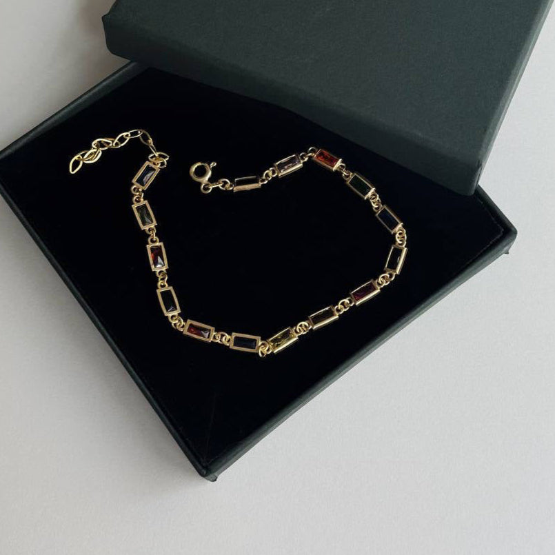 FYRKANTIG BAGUETTE STEN FÄRGERIGT ARMBAND | 925 SILVER